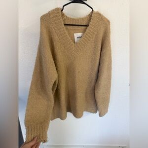 aerie Fuzzy V-Neck Sweater in Tan